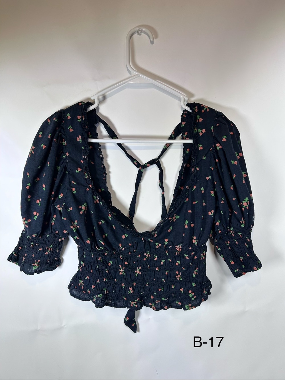 Urban Outfitters Navy Floral Tie-Back Smocked Peasant Crop Top